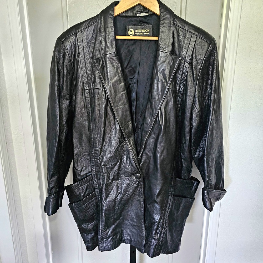 Vintage Deerskin Trading Post Black Leather Blazer Jacket 16